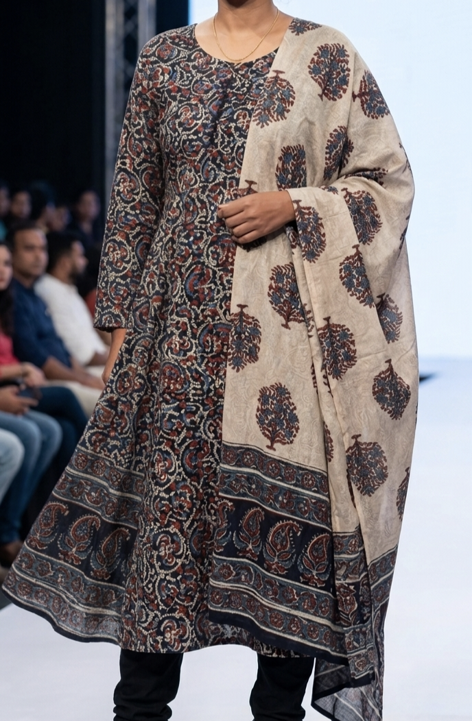 Floral Ajrakh Black cotton printed long sleeve A-line umbrella-cut kurta set - Image 3