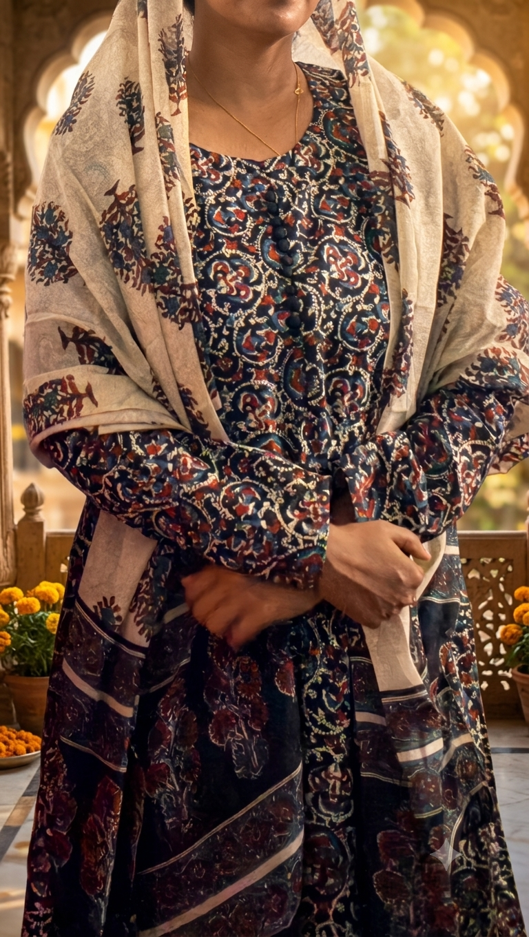 Floral Ajrakh Black cotton printed long sleeve A-line umbrella-cut kurta set - Image 4