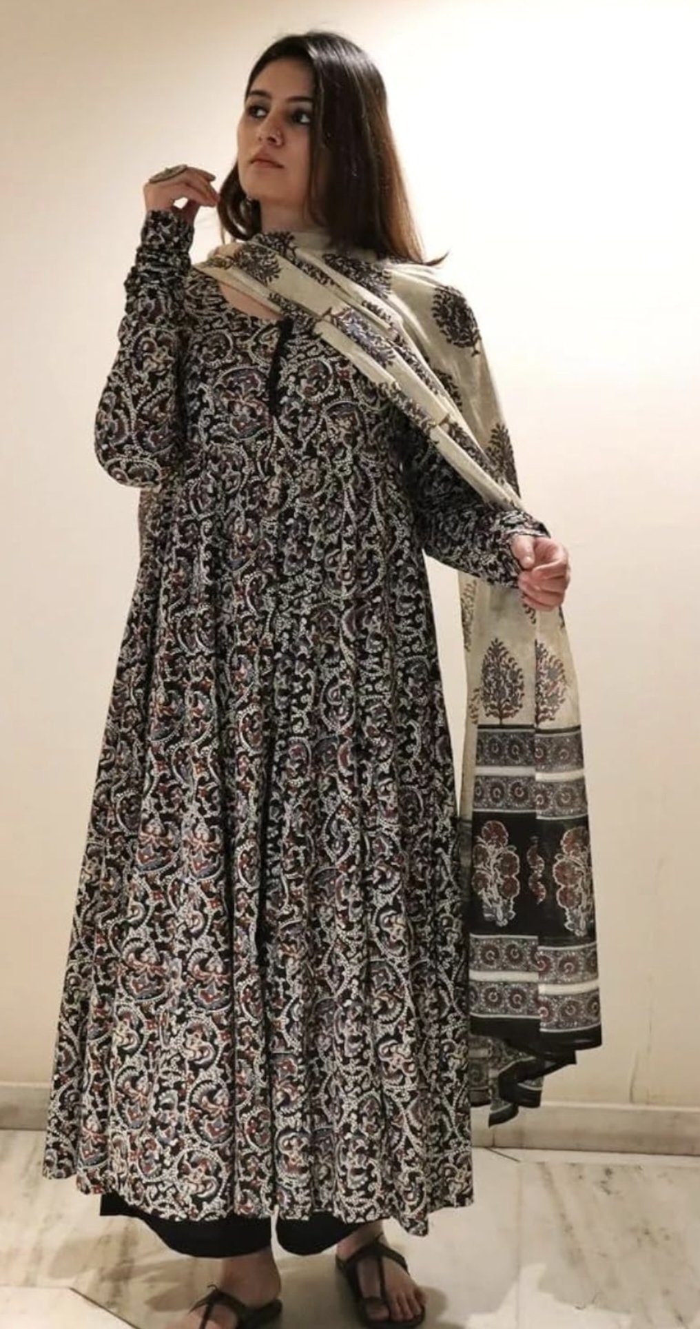 Floral Ajrakh Black cotton printed long sleeve A-line umbrella-cut kurta set - Image 2