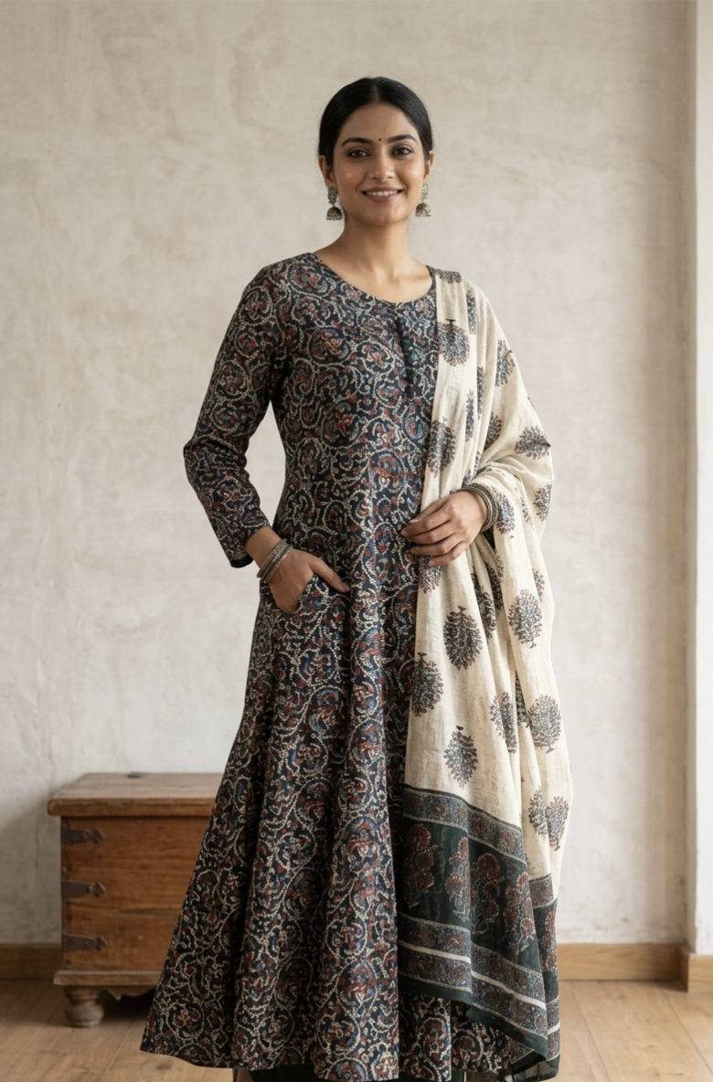 Floral Ajrakh Black cotton printed long sleeve A-line umbrella-cut kurta set - Image 5