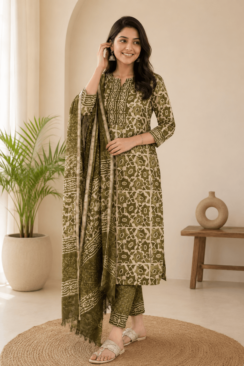 Oliver Noor green and ivory printed Cotton Kurta set