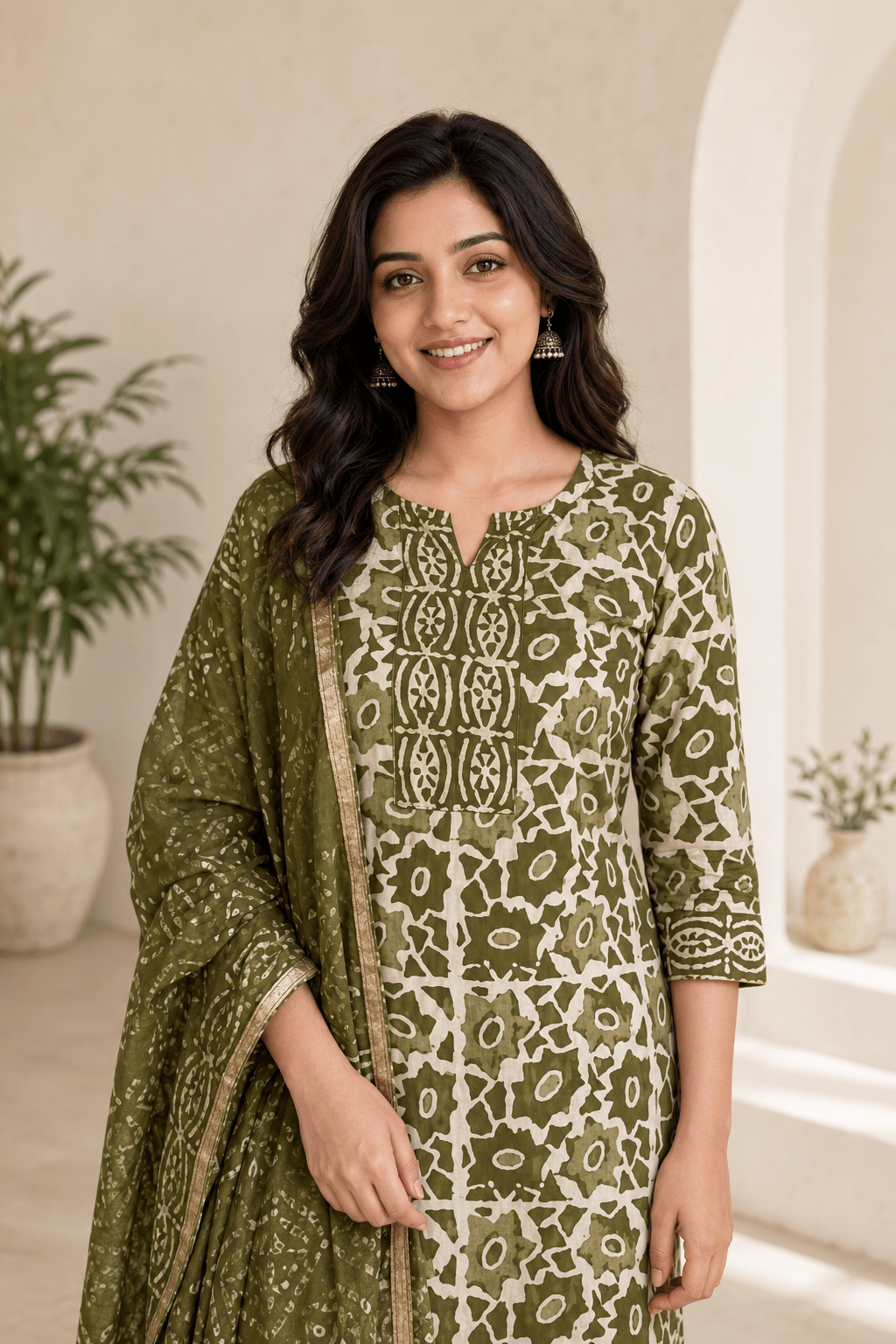 Oliver Noor green and ivory printed Cotton Kurta set - Image 2