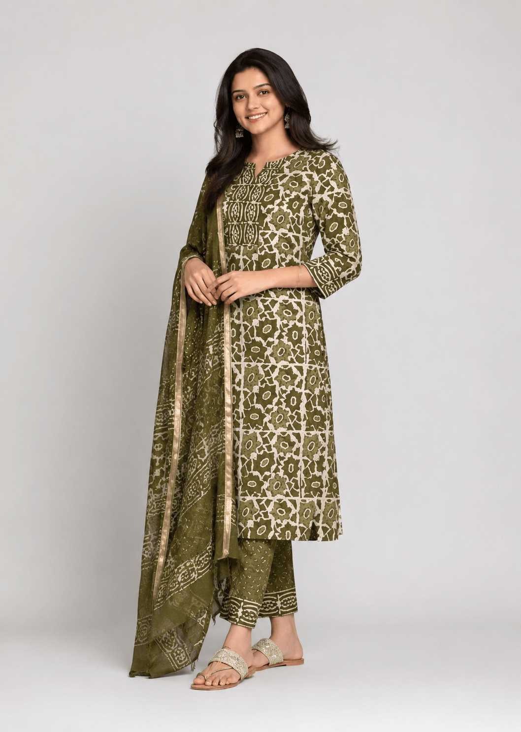 Oliver Noor green and ivory printed Cotton Kurta set - Image 3