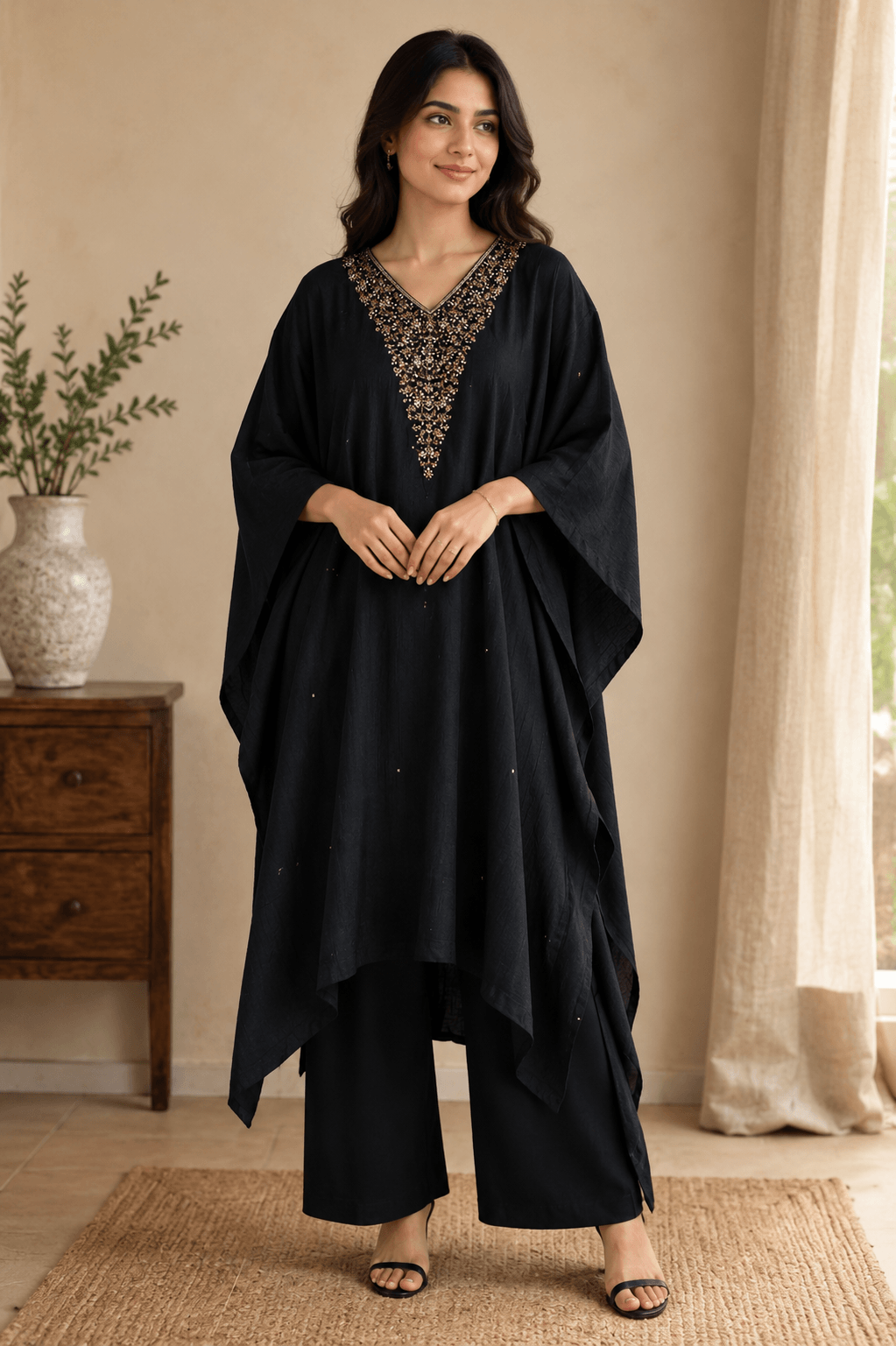Black V-neck embroidered Kaftan co-ord set