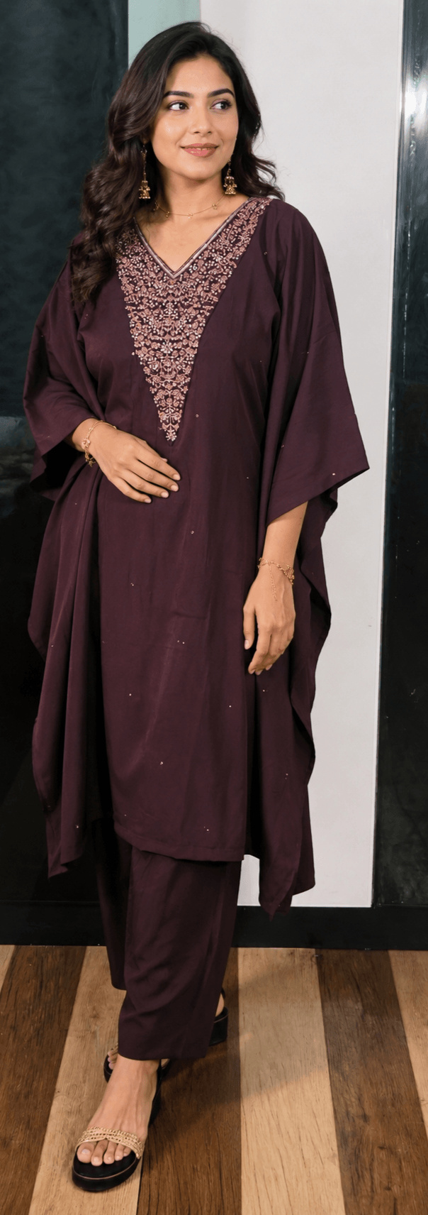 Midnight Purple V-neck embroidered Kaftan co-ord set