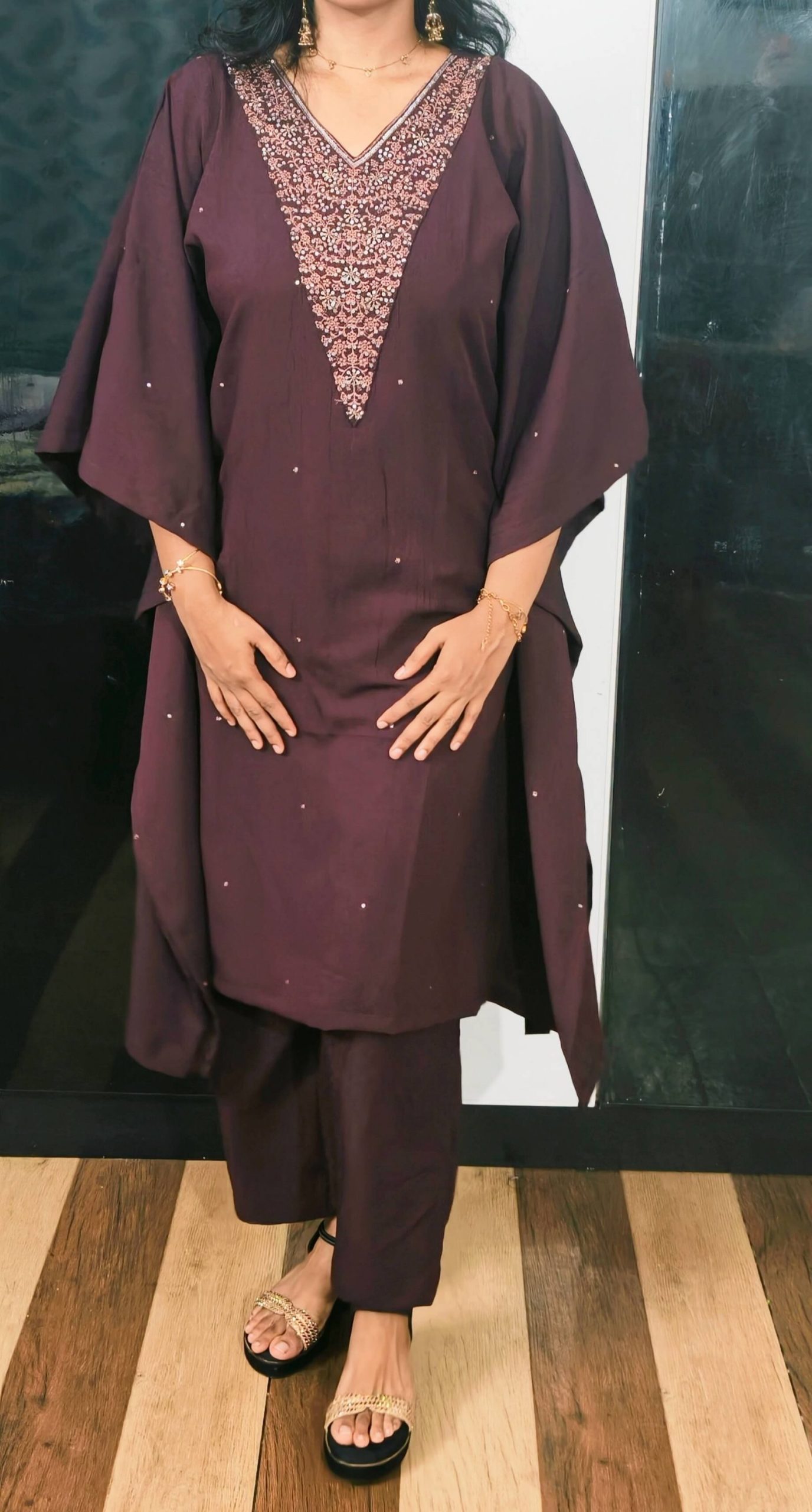 Midnight Purple V-neck embroidered Kaftan co-ord set - Image 2