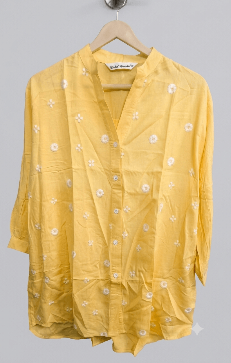 Sunlite Bloom Yellow Cotton buttoned floral thread work shirt - Image 2