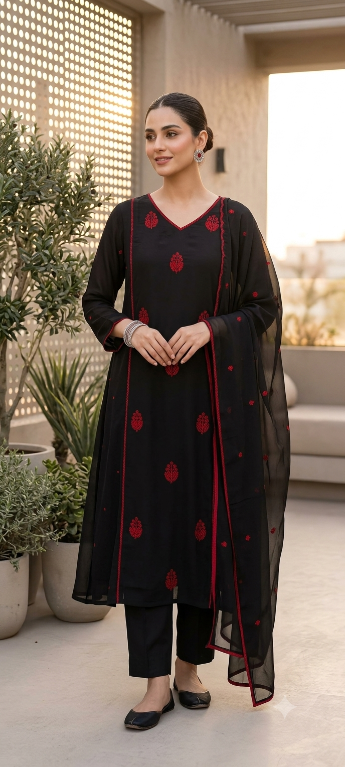 Black & Red Georgette V-neck Kurta set